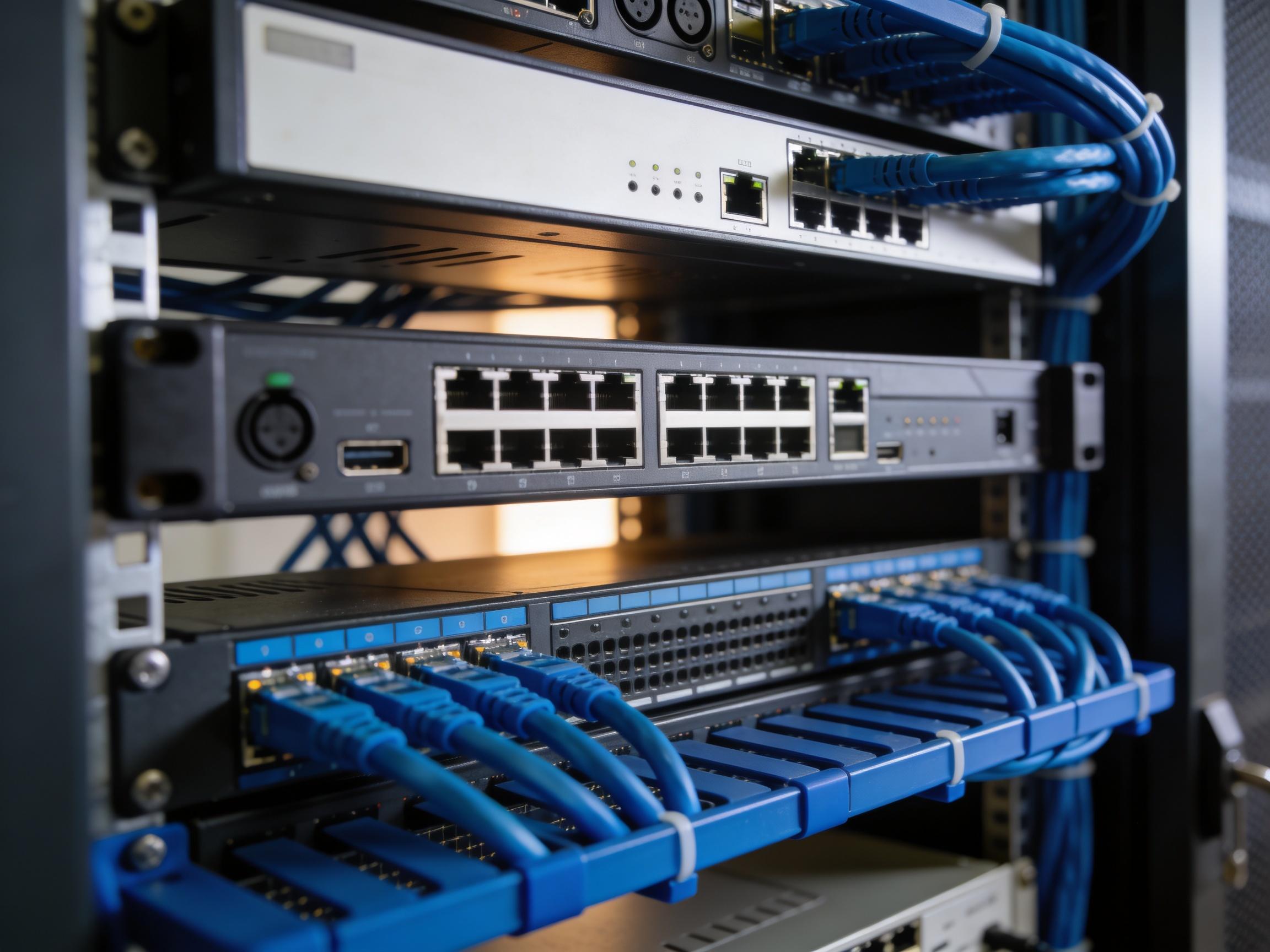 Network switches and patch cables in rack